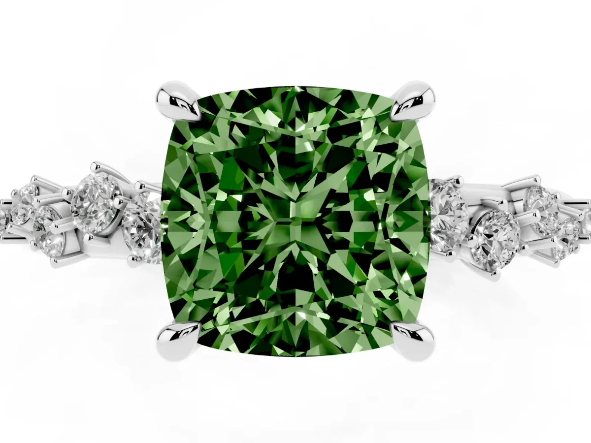 Fancy Green Cushion Cut Cut Diamond Vine Band with Four-Prong Setting Silver