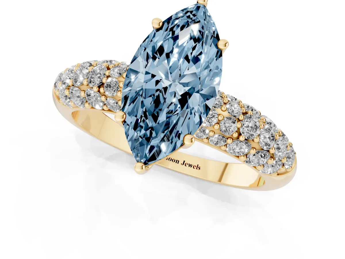 Fancy Blue Marquise Cut Diamond Pavé Band Solitaire Ring with Four-Prong Setting Yellow gold