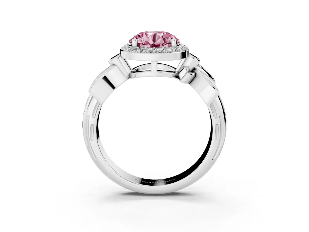 Fancy Pink Round Cut Halo Diamond Floral Band with Four-Prong Setting White gold