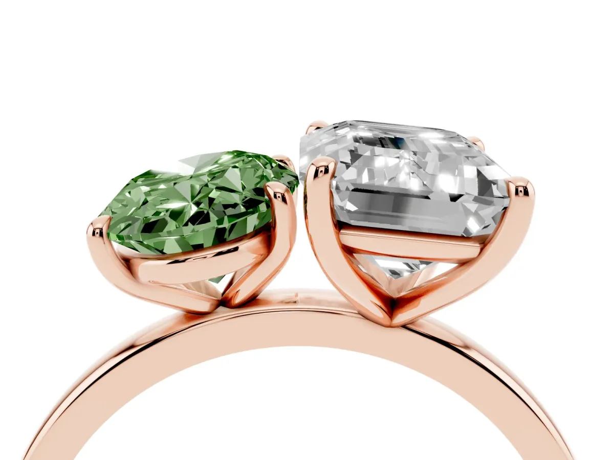 Fancy Green Oval Cut and Emerald Cut Toi Moi Ring with Prong Setting Rose gold