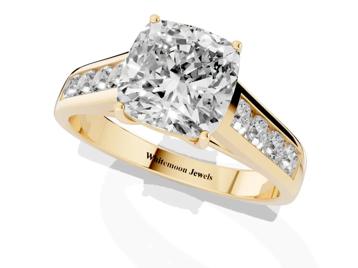 Cushion Cut Solitaire Channel-Set Diamond Engagement Ring with Four-Prong Setting Yellow gold