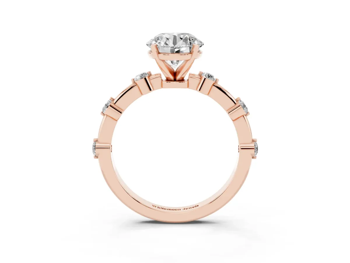 Round Cut Solitaire Diamond Ring with Bezel Set Side Stones and Prong Setting Rose gold