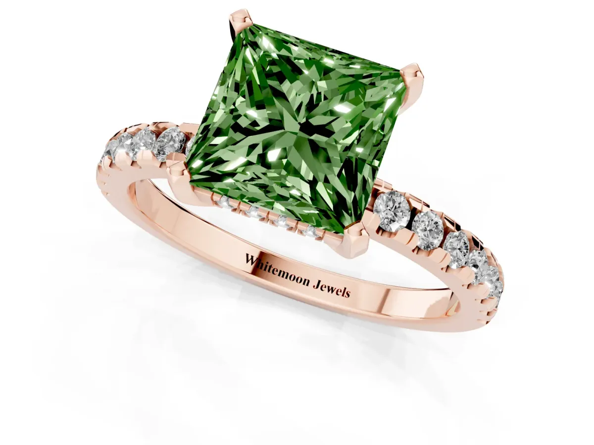 Fancy Green Princess Cut Diamond Solitaire Ring with Round Pavé Band and Four-Prong Setting Rose gold