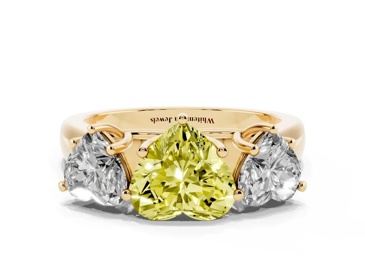 Fancy Yellow Heart Cut Three-Stone Diamond Ring with Prong Setting on a Classic Band Yellow gold