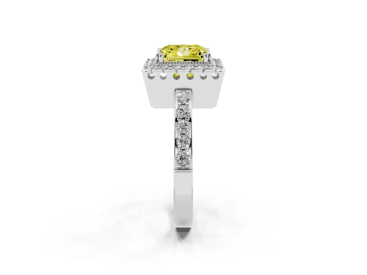 Fancy Yellow Princess Cut Diamond Halo Ring with Pavé Band and Prong Setting Silver