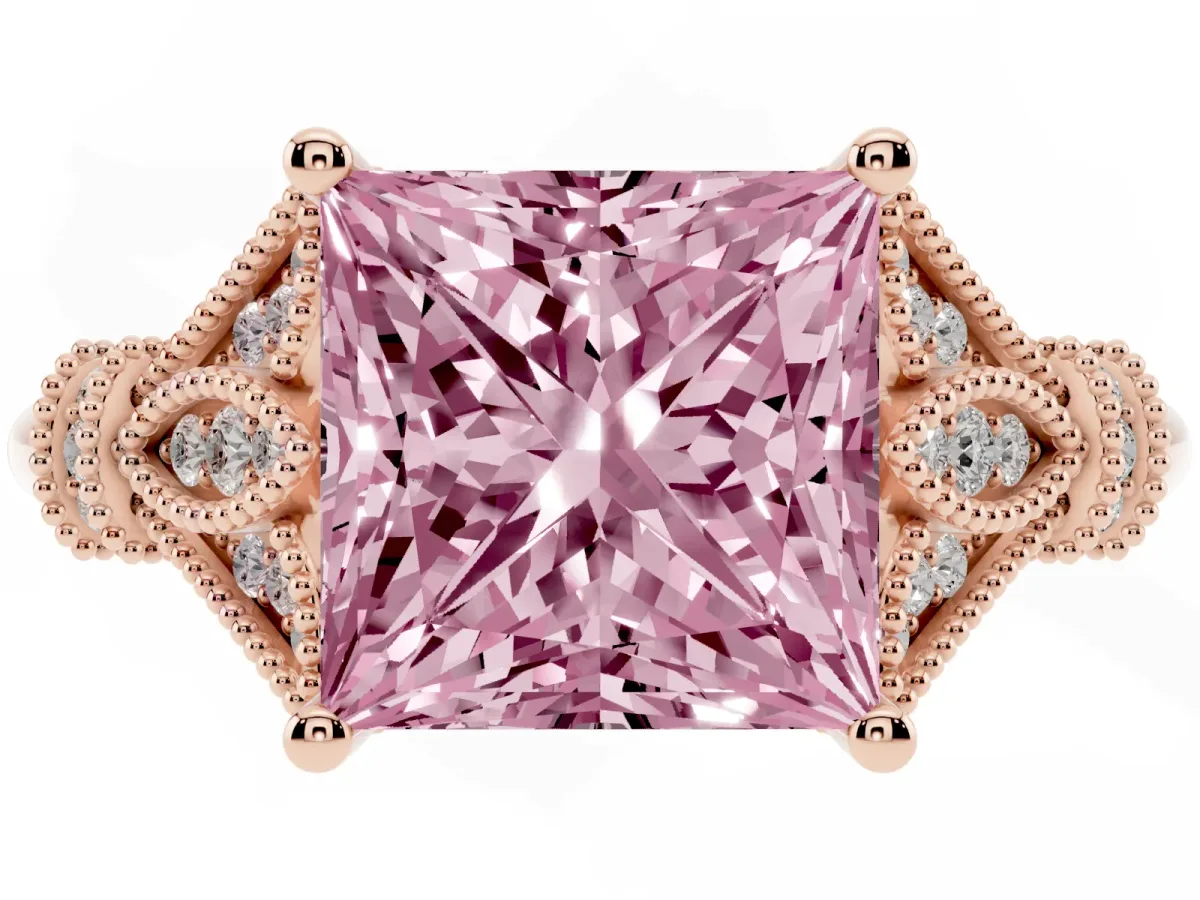 Fancy Pink Princess Cut Diamond Solitaire Ring with Floral Filigree and Pave Accents Rose gold
