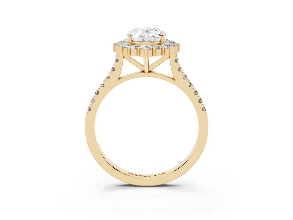 Oval Cut Halo Diamond Ring with Pavé Band and Prong Setting Yellow gold