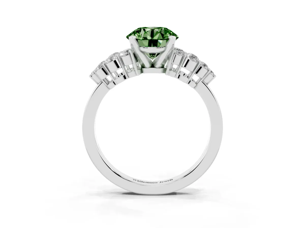 Fancy Green Round Cut Cluster Diamond Engagement Ring with Pavé Band and Four-Prong Setting Silver