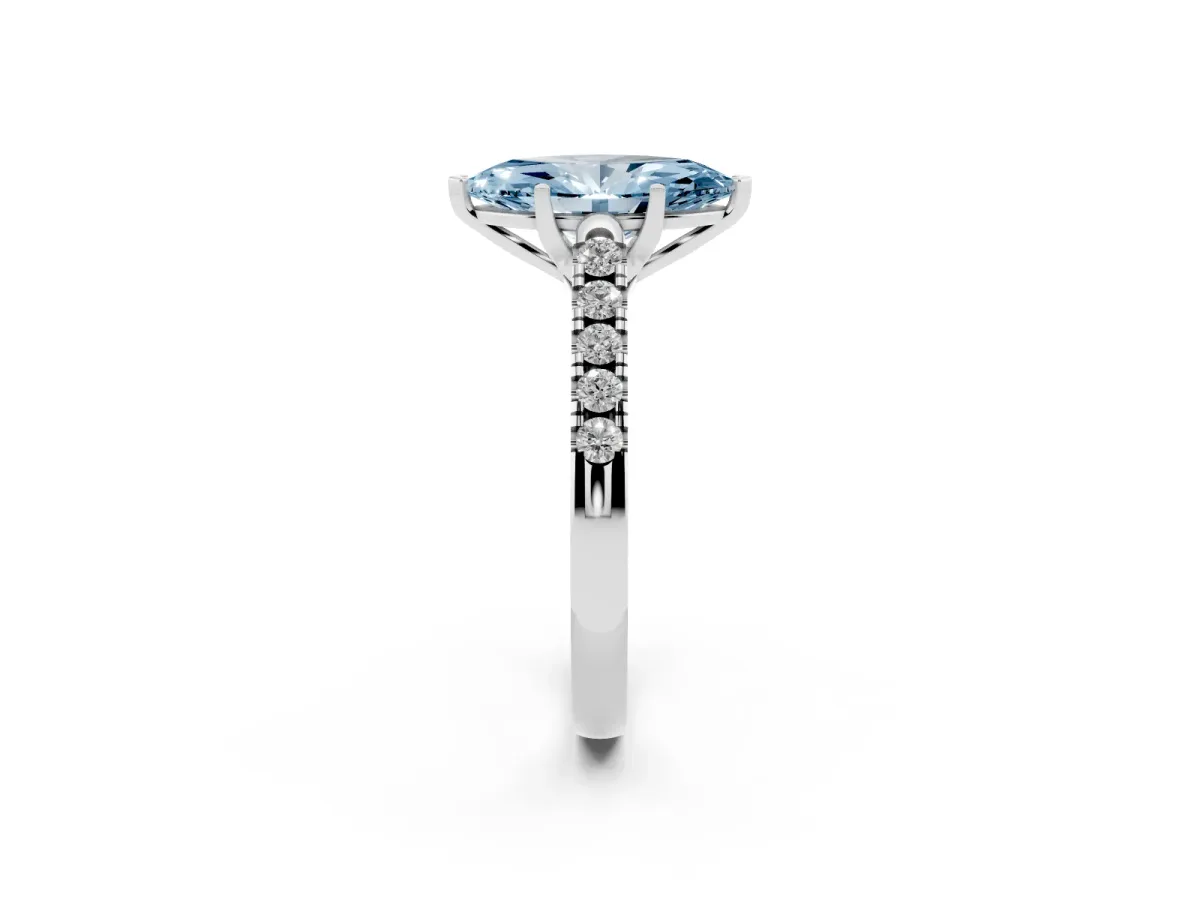 Fancy Blue Marquise Cut Diamond Pavé Band Solitaire Ring with Prong Setting Silver