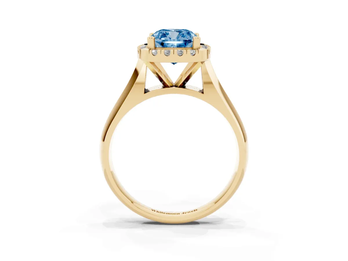 Fancy Blue Cushion Cut Cut Halo Solitaire Engagement Ring with Square Band and Four-Prong Setting Yellow gold