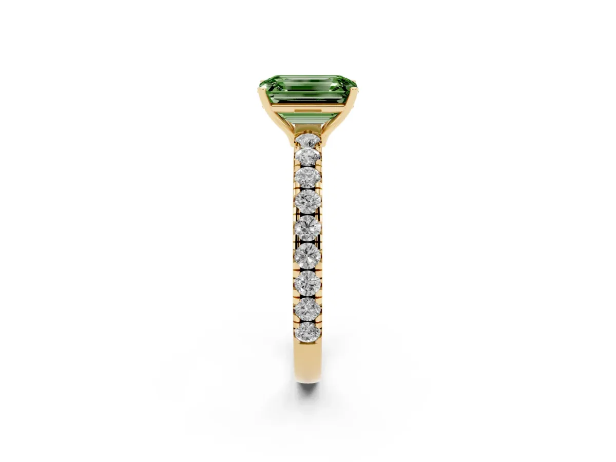 Fancy Green Emerald Cut Diamond Pavé Solitaire Engagement Ring with Four-Prong Setting Yellow gold