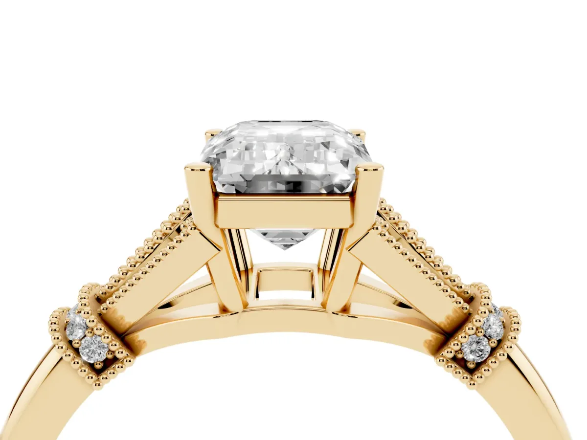 Emerald Cut Diamond Solitaire Ring with Floral Filigree and Pave Accents Yellow gold