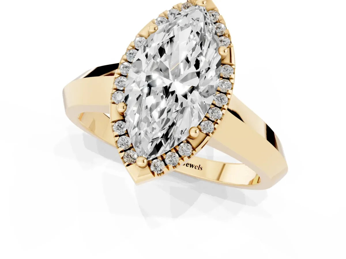 Marquise Cut Halo Diamond Ring with Cathedral Band and Four-Prong Setting Yellow gold