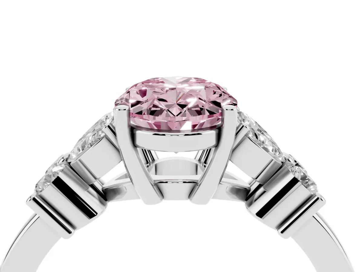 Fancy Pink Oval Cut Diamond Floral Cluster Ring with Solitaire Band and Prong Setting White gold