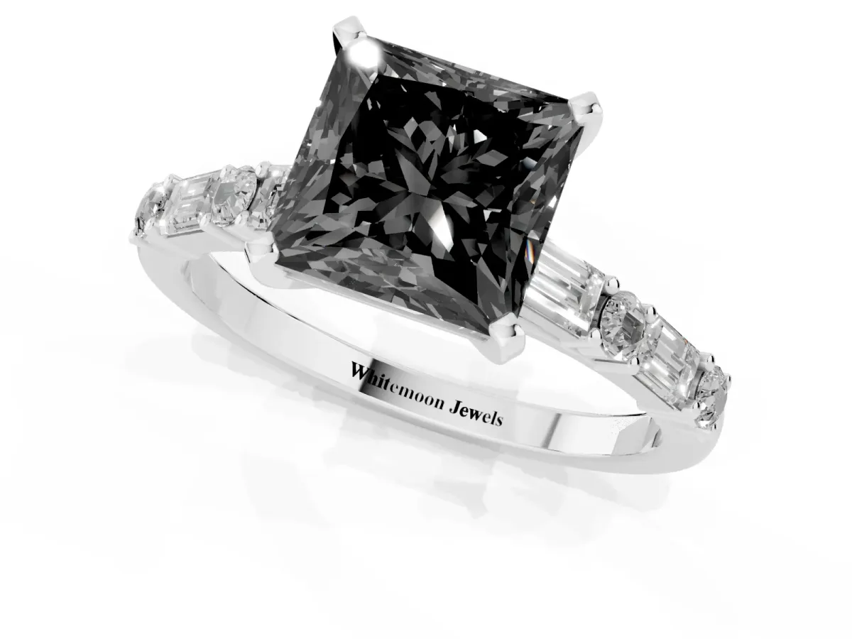 Fancy Black Princess Cut Diamond Solitaire with Side Baguettes and Channel Set Band White gold