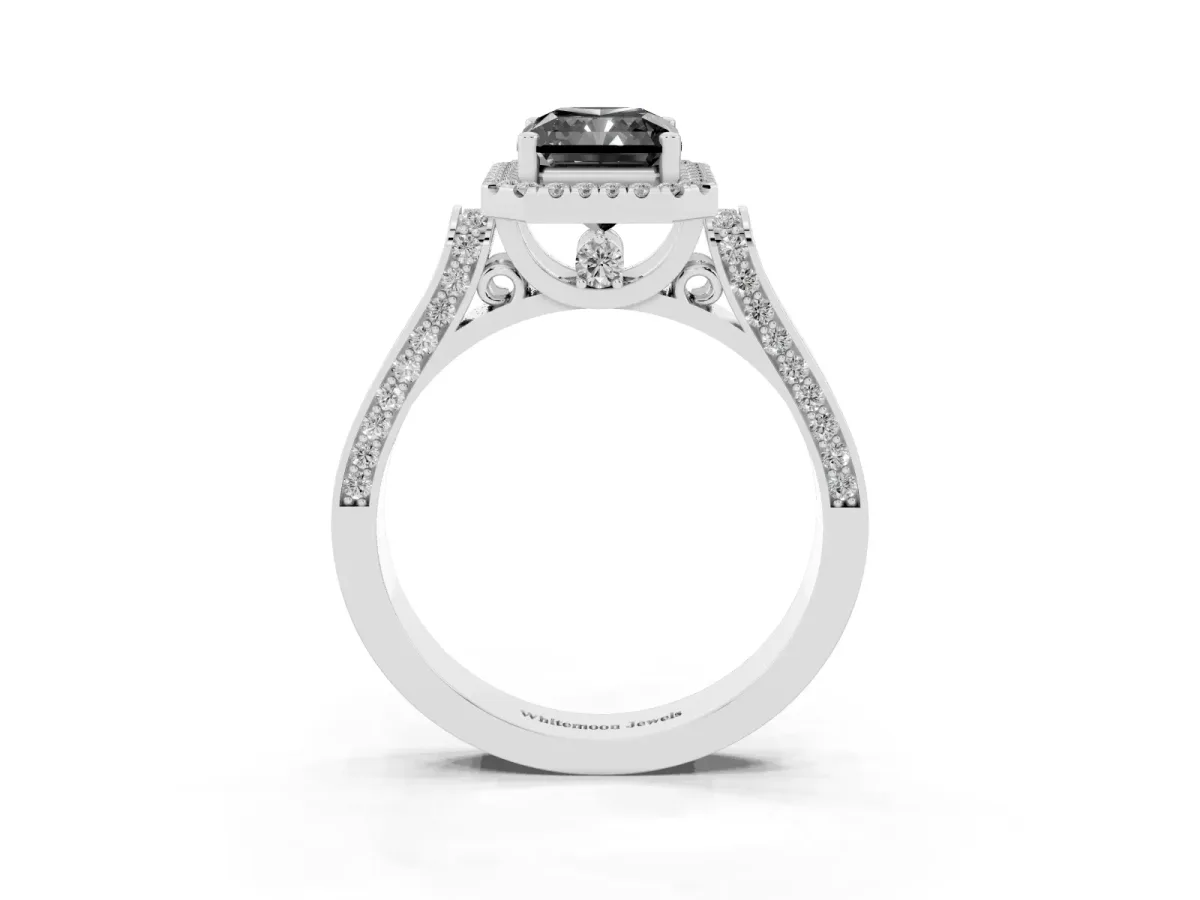 Fancy Black Radiant Cut Halo Round Diamond Twist Band with Four-Prong Setting White gold