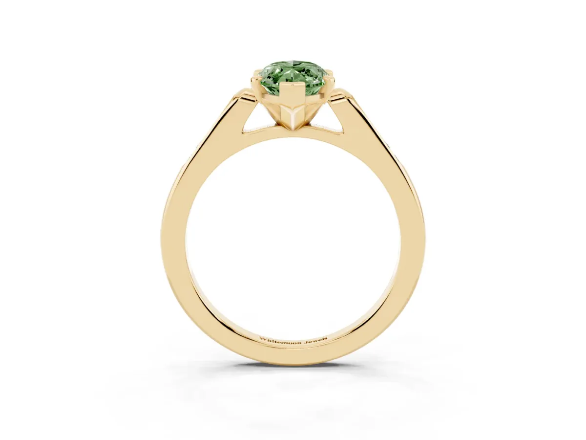 Fancy Green Marquise Cut Diamond Solitaire Ring with Channel Set Round Band and Prong Setting Yellow gold