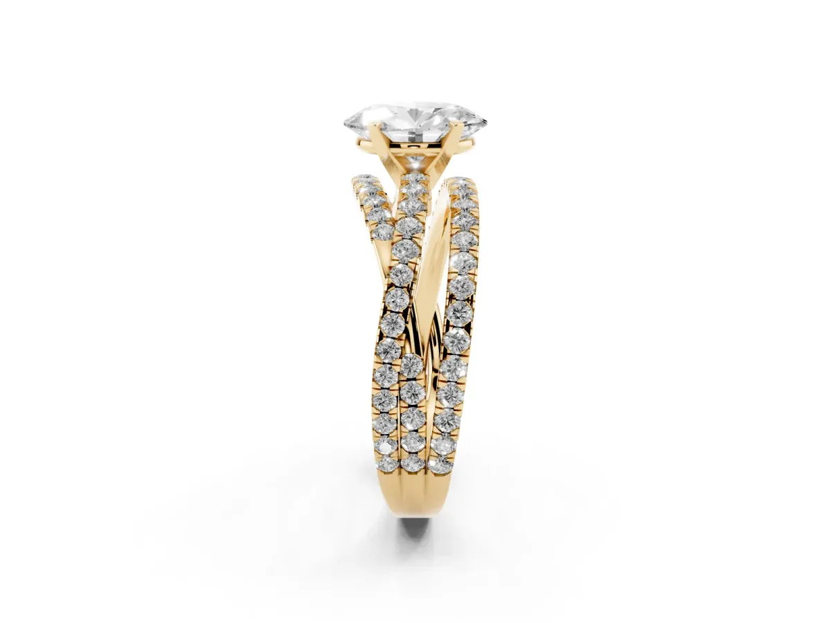 Oval Cut Solitaire Twist Band with Pavé Setting and Four-Prong Setting Yellow gold