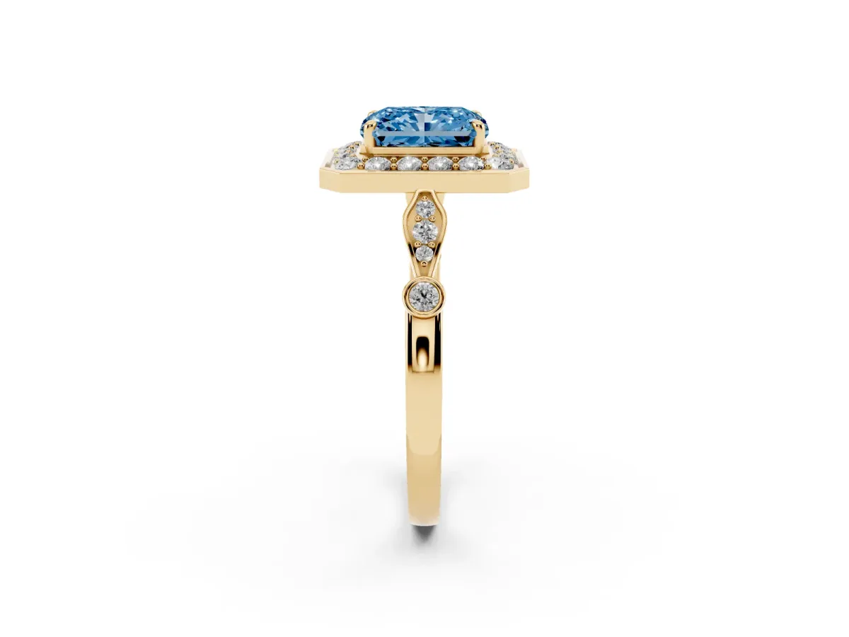 Fancy Blue Radiant Cut Halo Diamond Engagement Ring with Twisted Band and Four-Prong Setting Yellow gold
