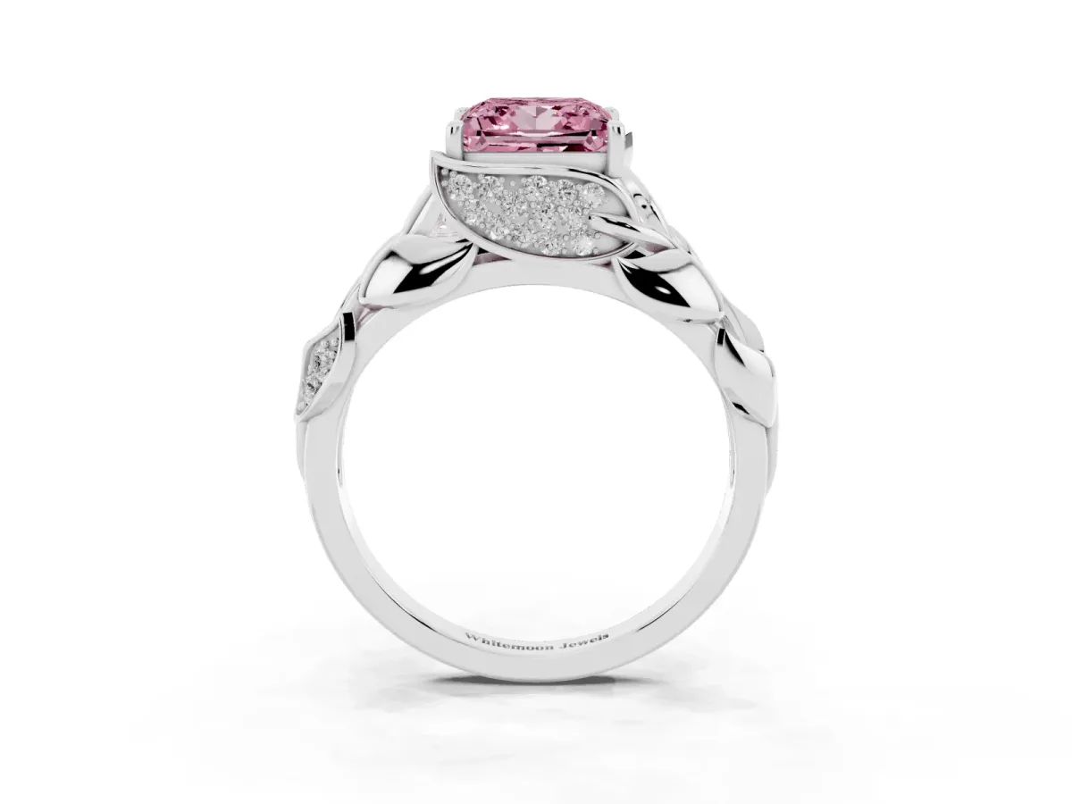 Fancy Pink Princess Cut Diamond Leaf-Inspired Engagement Ring with Round Accents and Prong Setting Platinum