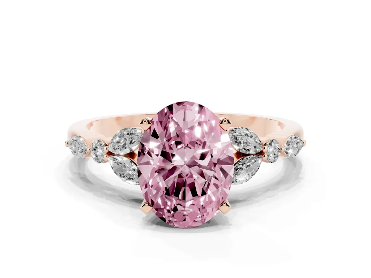 Fancy Pink Oval Cut Diamond Solitaire Ring with Side Stones and Four-Prong Setting Rose gold