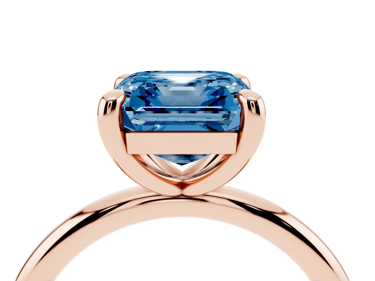 Fancy Blue Asscher Cut Solitaire Diamond Ring with Four-Prong Setting on a Plain Band Rose gold