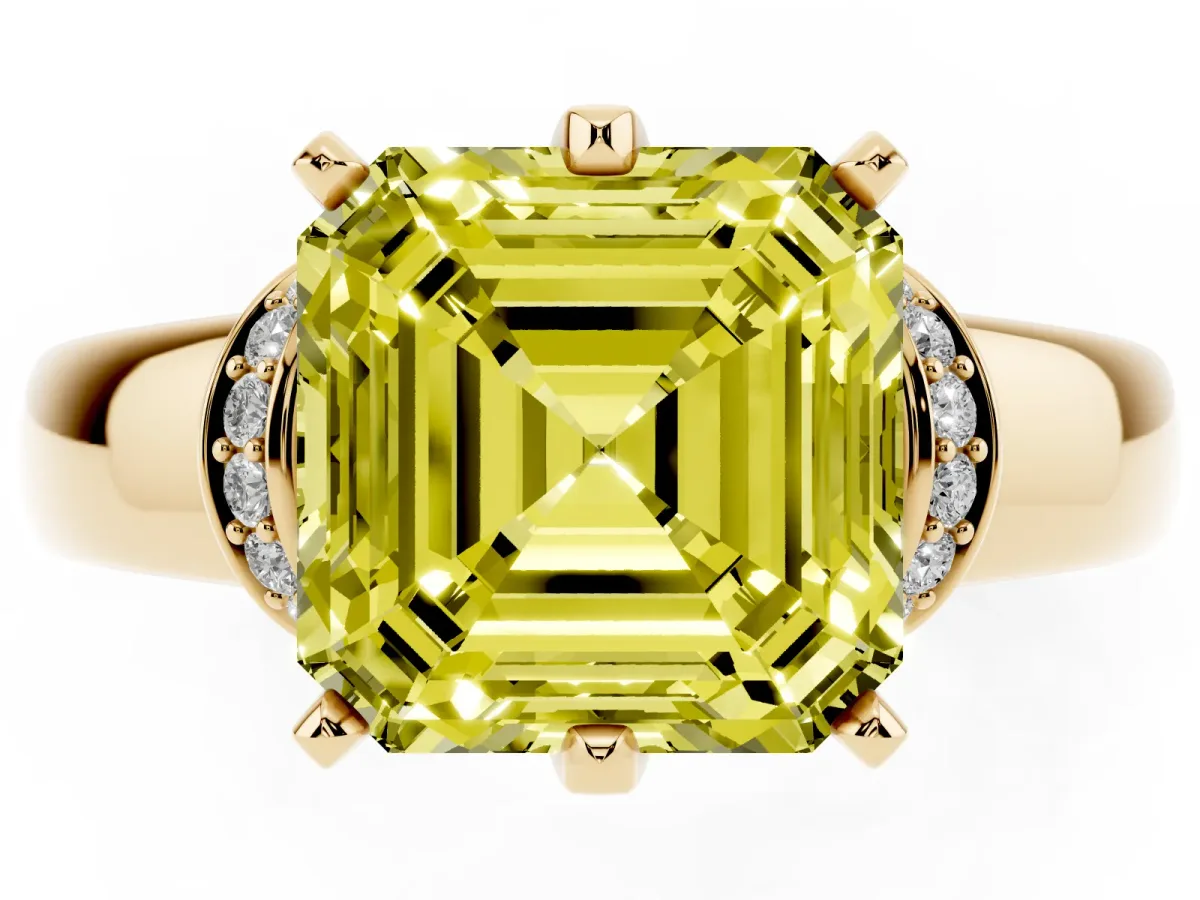 Fancy Yellow Asscher Cut Solitaire Diamond Ring with Pave Band and Six-Prong Setting Yellow gold