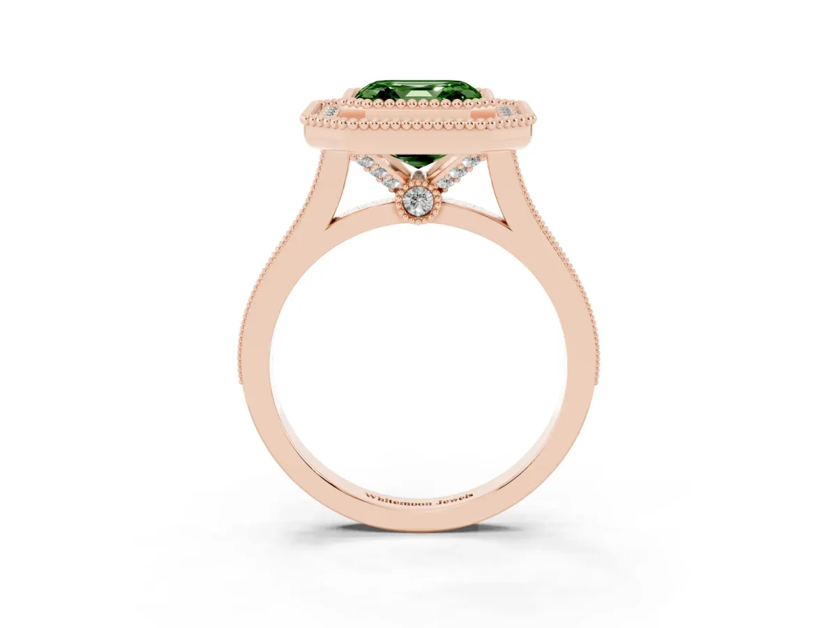 Fancy Green Asscher Cut Diamond Halo Ring with Milgrain Frame and Pavé Band Rose gold