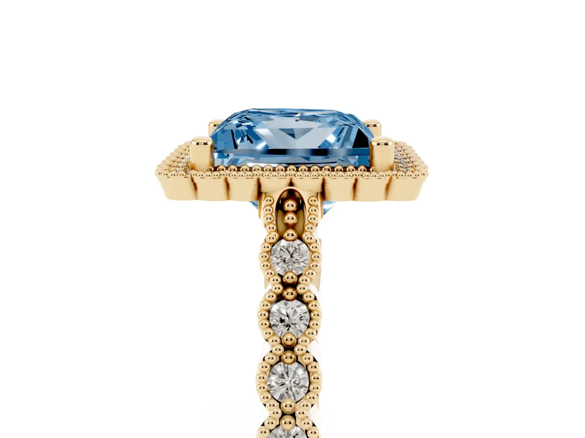 Fancy Blue Princess Cut Cut Halo Pavé Solitaire Ring with Milgrain Band Yellow gold