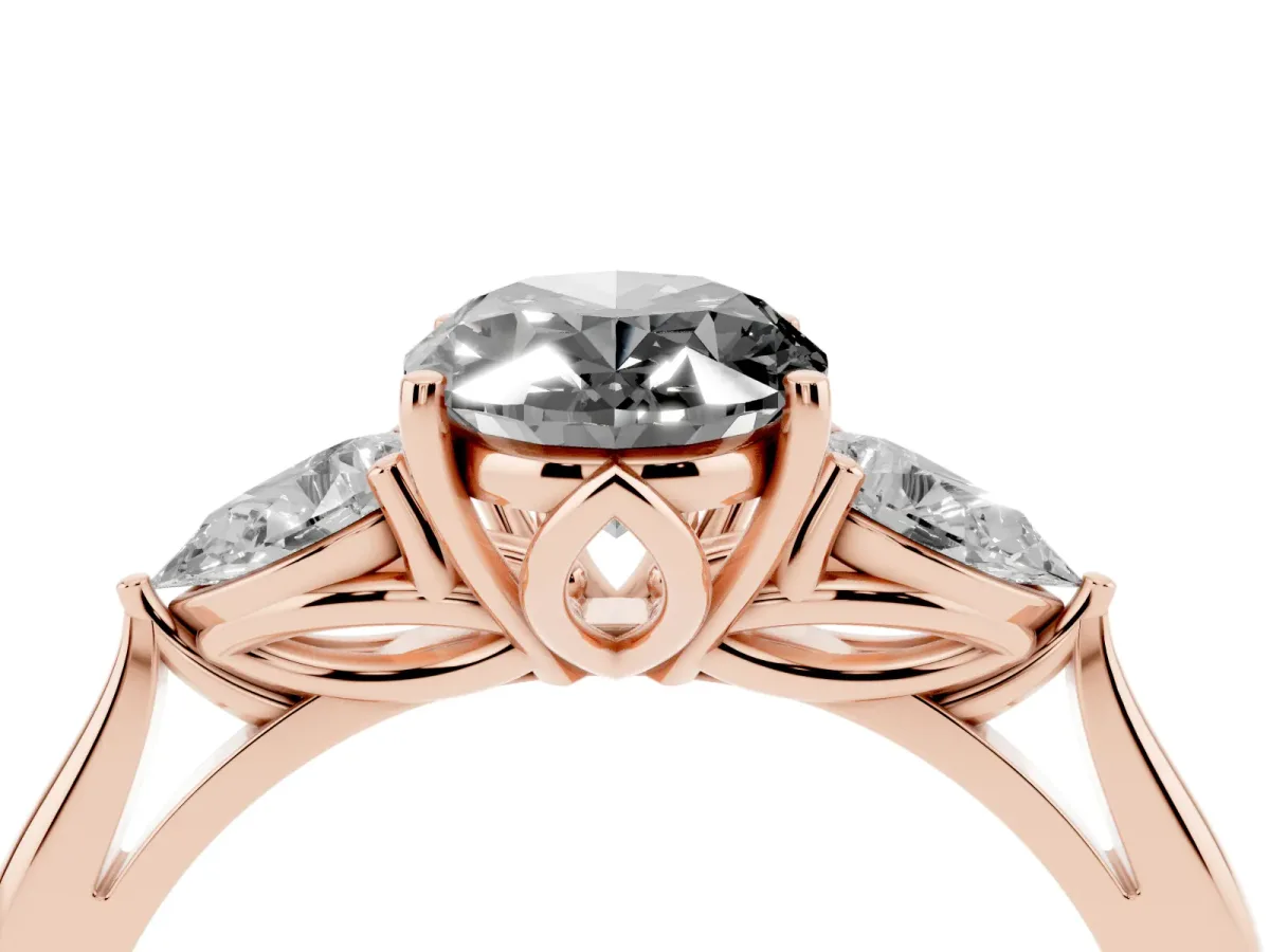 Fancy Black Three-Stone Oval Cut Brilliant Diamond Solitaire Ring with Tapered Band and Four-Prong Setting Rose gold