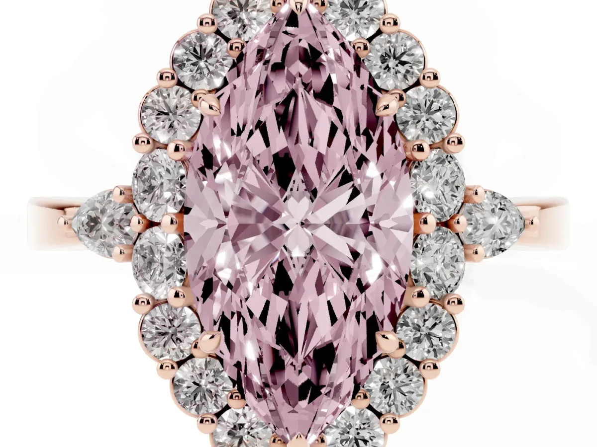 Fancy Pink Marquise Cut Diamond Halo Ring with Pear Side Stones and Prong Setting Rose gold