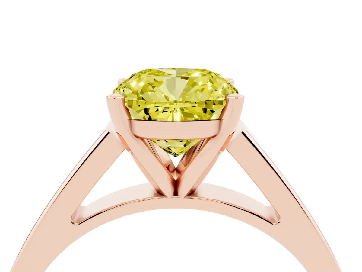 Fancy Yellow Cushion Cut Solitaire Engagement Ring with Four-Prong Setting and Tapered Band Rose gold