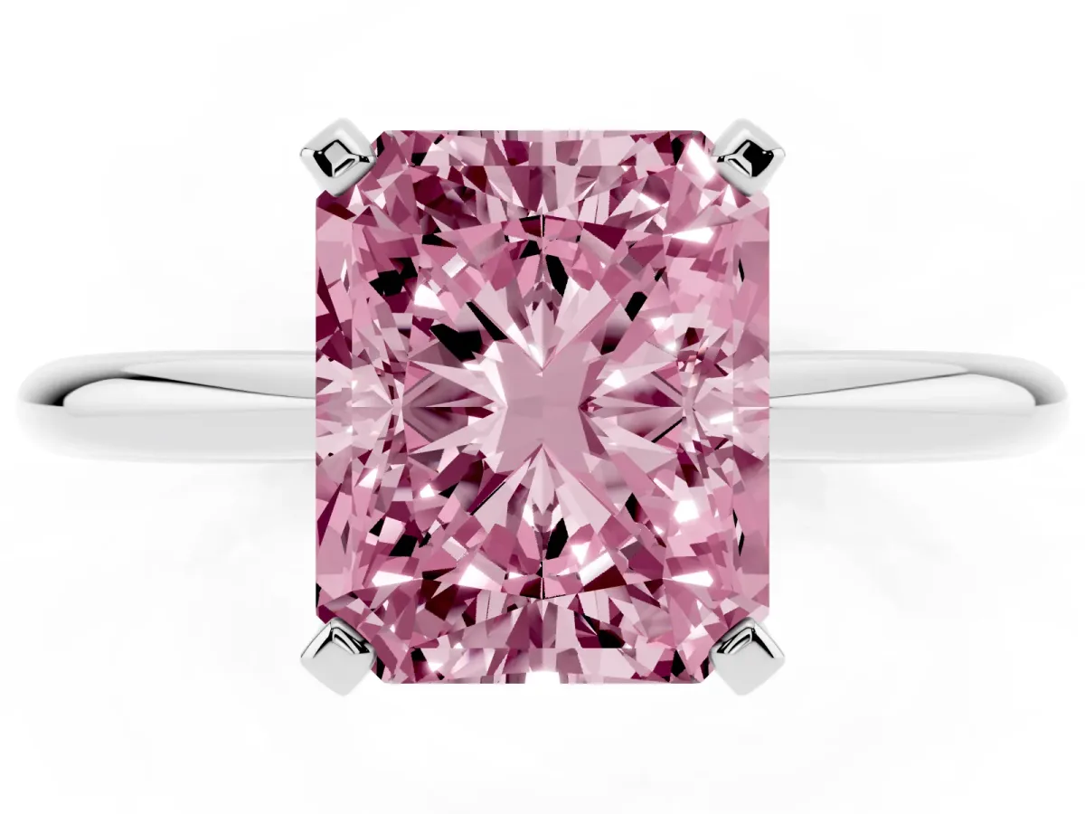 Fancy Pink Radiant Cut Diamond Solitaire Ring with Prong Setting and Classic Band Silver