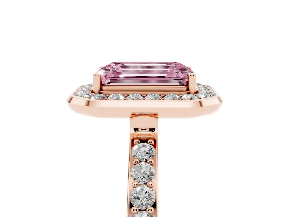 Fancy Pink Emerald Cut Diamond Halo Ring with Bezel Frame and Pavé Band Rose gold