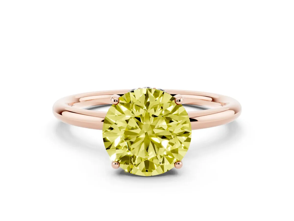 Fancy Yellow Round Cut Solitaire Diamond Ring with a Classic Band and Four-Prong Setting Rose gold