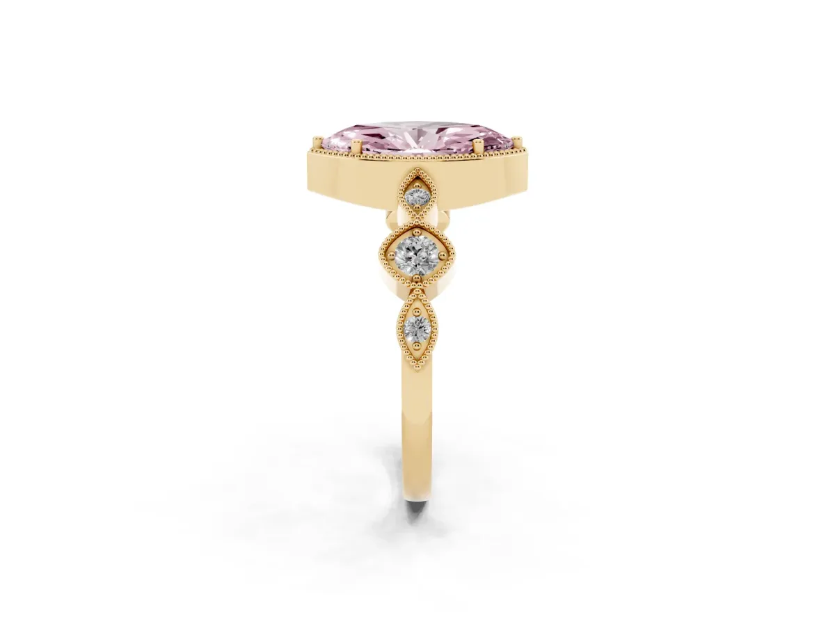 Fancy Pink Marquise Cut Diamond Vintage Milgrain Ring with Round Stations Yellow gold