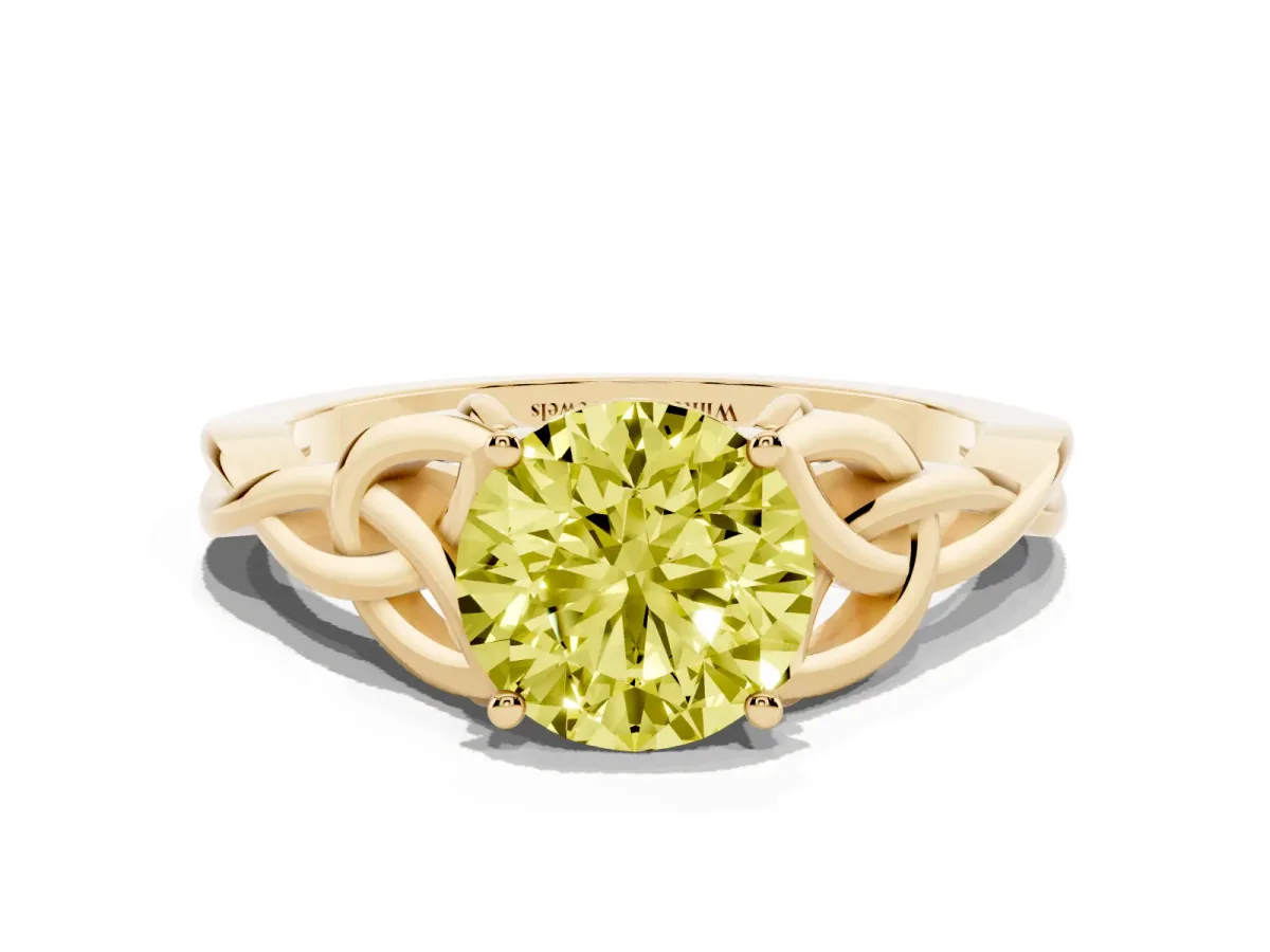 Fancy Yellow Round Cut Diamond Solitaire Engagement Ring with Celtic Knot Band and Four-Prong Setting Yellow gold