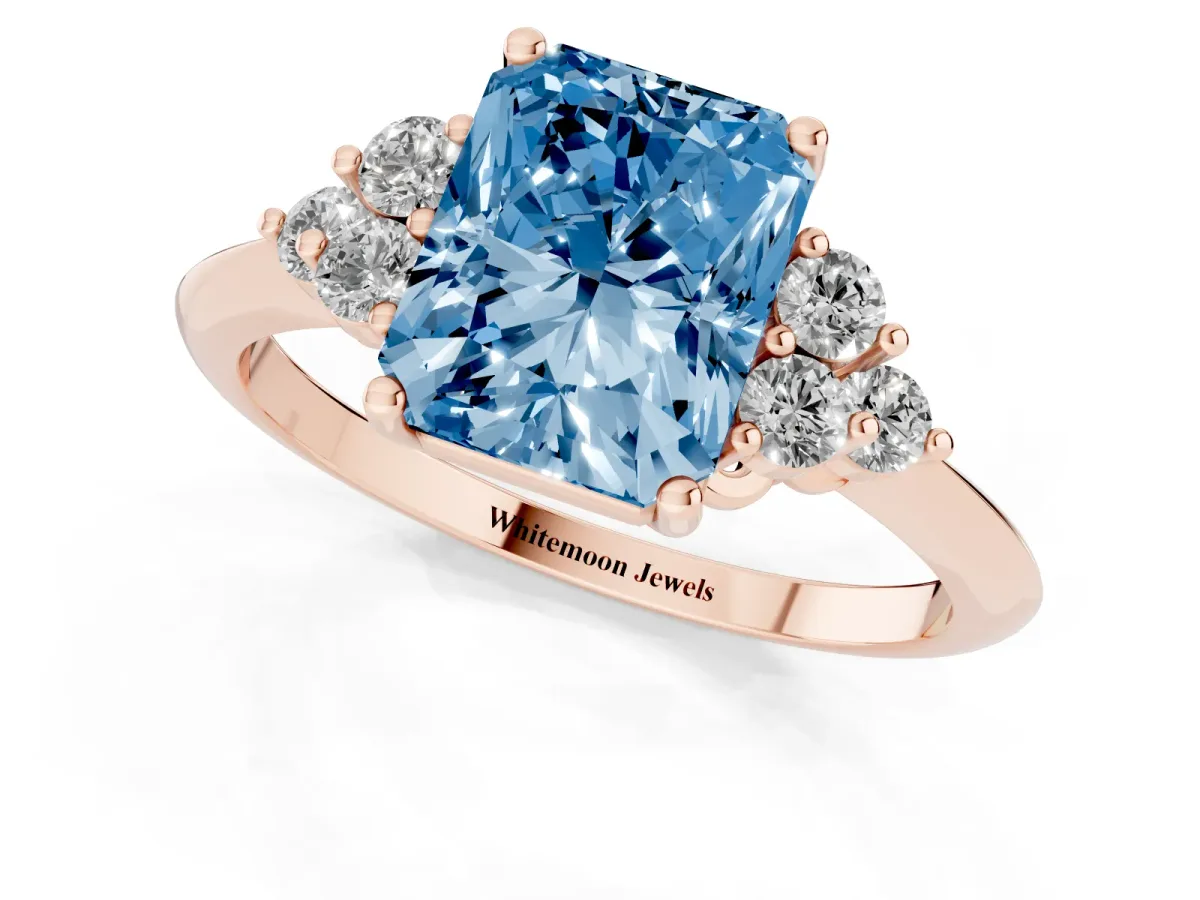 Fancy Blue Radiant Cut Cut Diamond Cluster Ring with Solitaire Band and Four-Prong Setting Rose gold