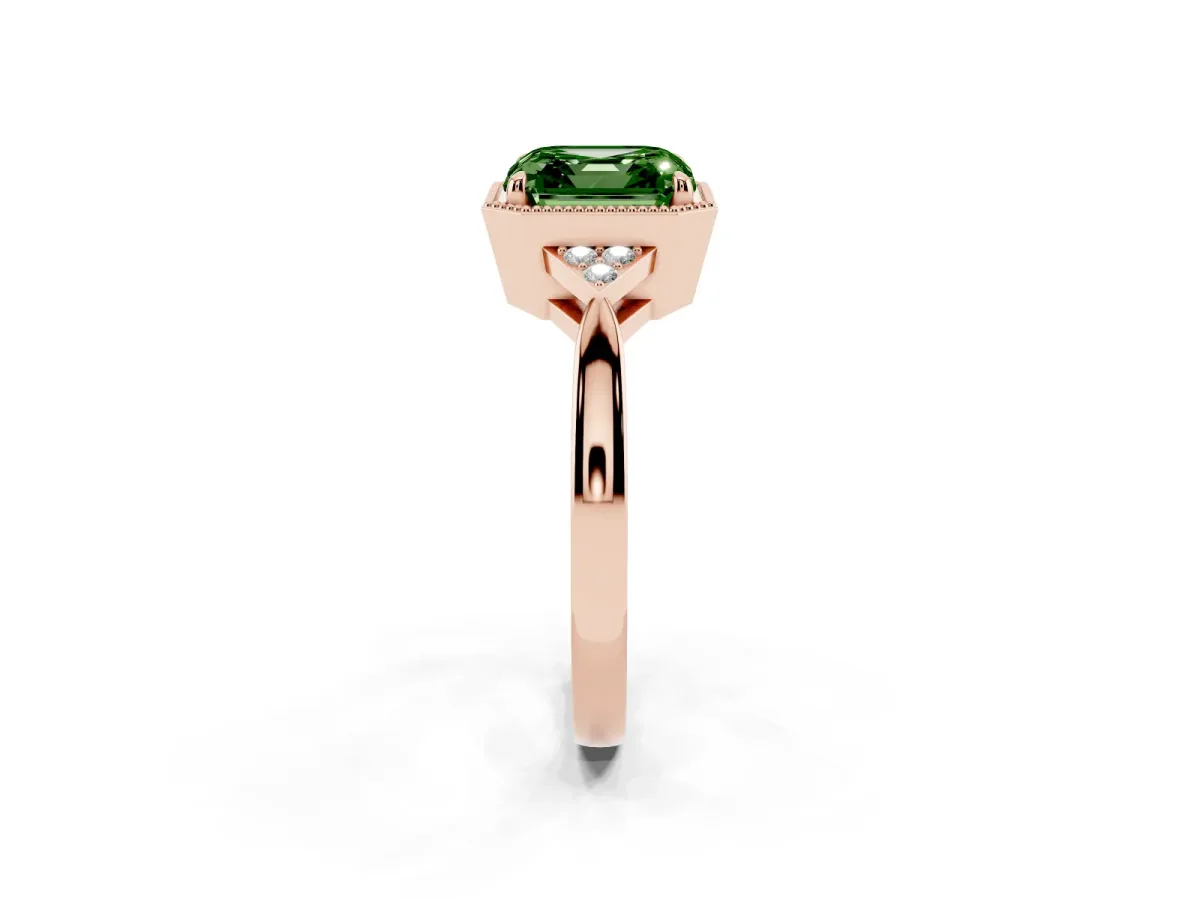 Fancy Green Hexagonal Halo Asscher Cut Diamond Solitaire with Pavé Band and Four-Prong Setting Rose gold