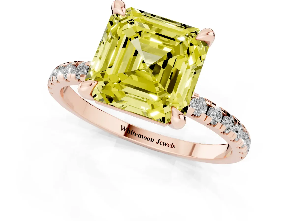 Fancy Yellow Asscher Cut Diamond Brilliant Solitaire Ring with Pavé Band and Four-Prong Setting Rose gold