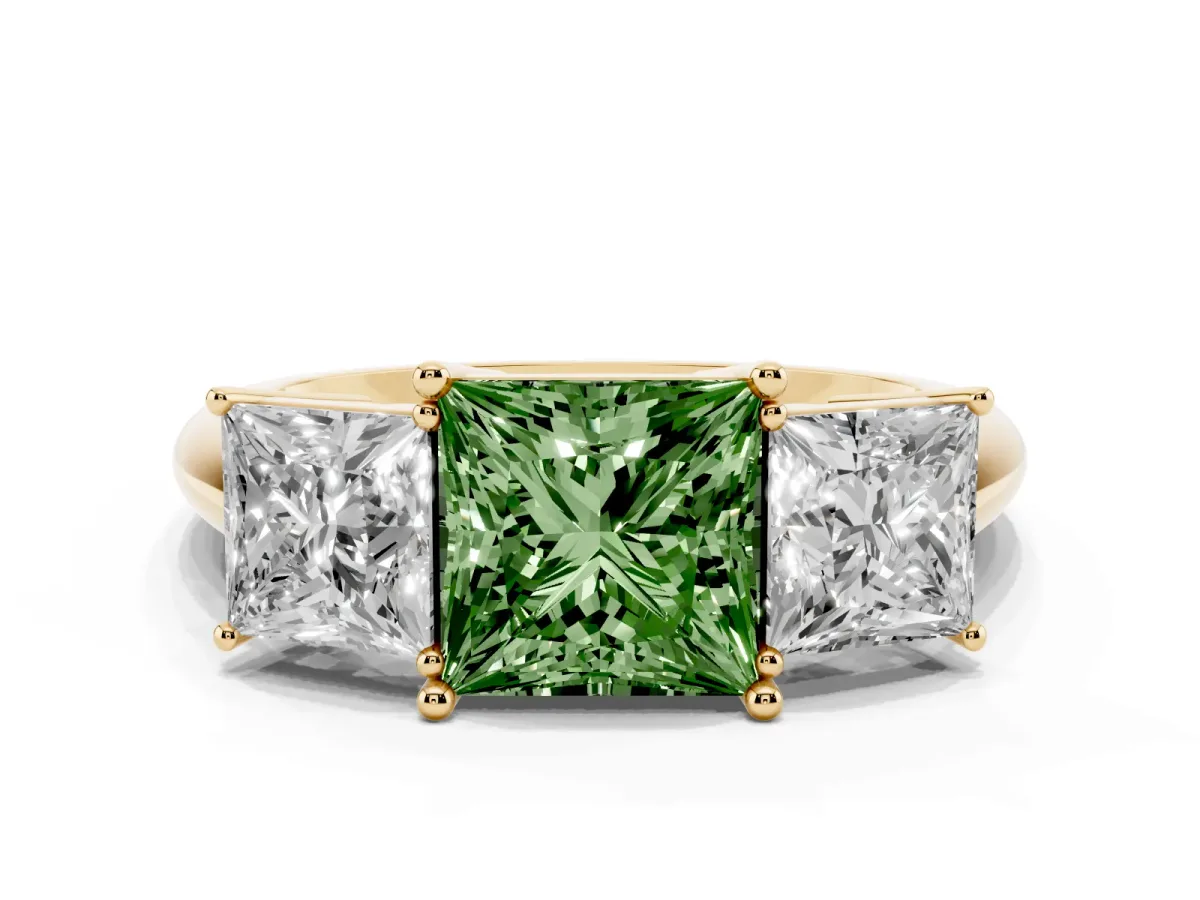 Fancy Green Three-Stone Princess Cut Cut Diamond Engagement Ring with Prong Setting on a White Gold Band Yellow gold