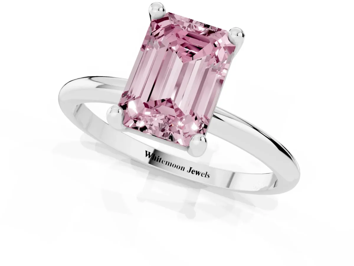 Fancy Pink Emerald Cut Solitaire Diamond Ring with 4-Prong Setting on a Classic Band Silver