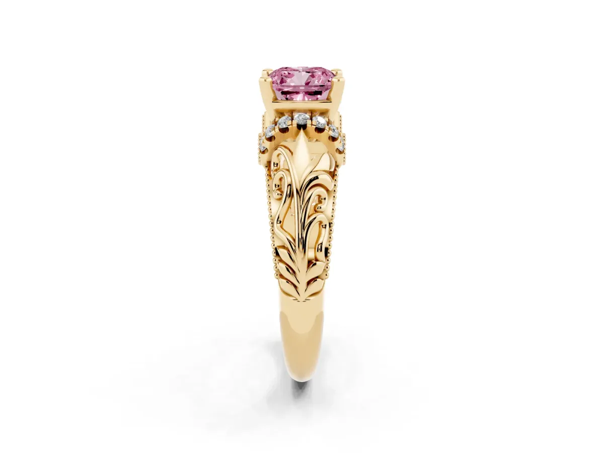 Fancy Pink Cushion Cut Solitaire Filigree Engagement Ring with Halo and Prong Setting Yellow gold