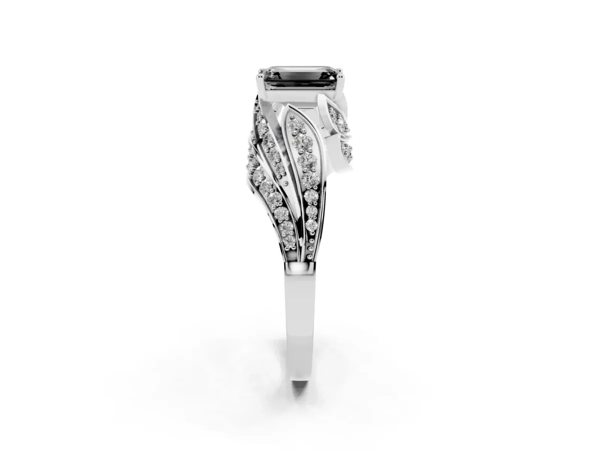Fancy Black Emerald Cut Diamond Solitaire Ring with Prong Setting and Twisted Pavé Band Silver