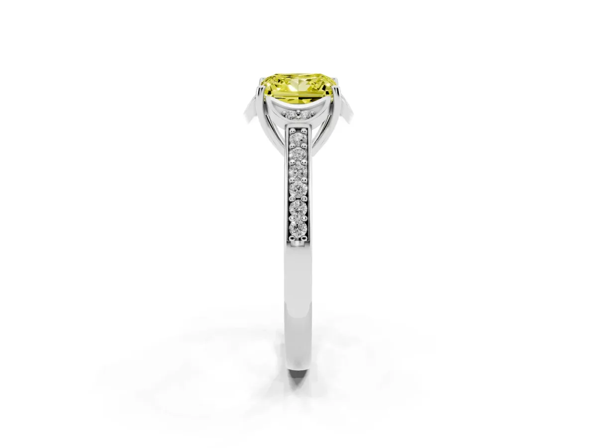 Fancy Yellow Princess Cut Cut Halo Diamond Ring with Channel Set Band and Four-Prong Setting White gold