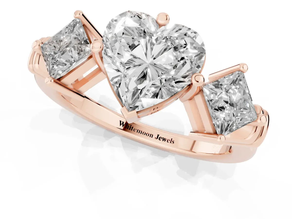 Three-Stone Heart Cut and Princess Cut Diamond Ring with Channel Band and Four-Prong Setting Rose gold