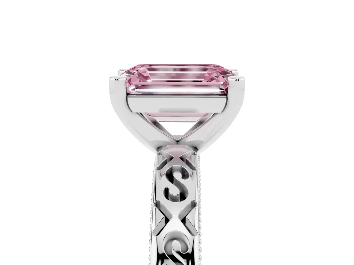 Fancy Pink Emerald Cut Solitaire Engagement Ring with Scrollwork Band and Four-Prong Setting White gold