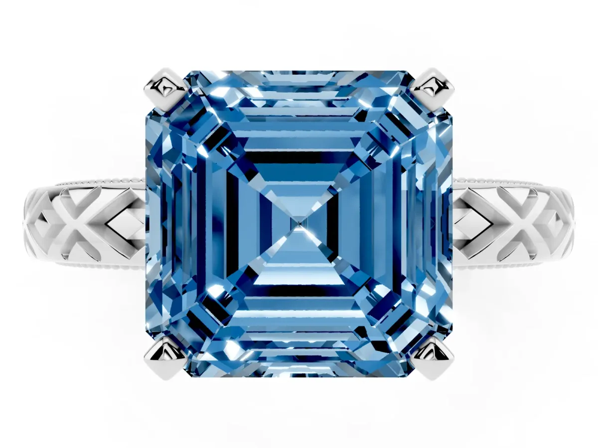 Fancy Blue Asscher Cut Solitaire Diamond Ring with Milgrain and Black Enamel X Pattern Band Silver