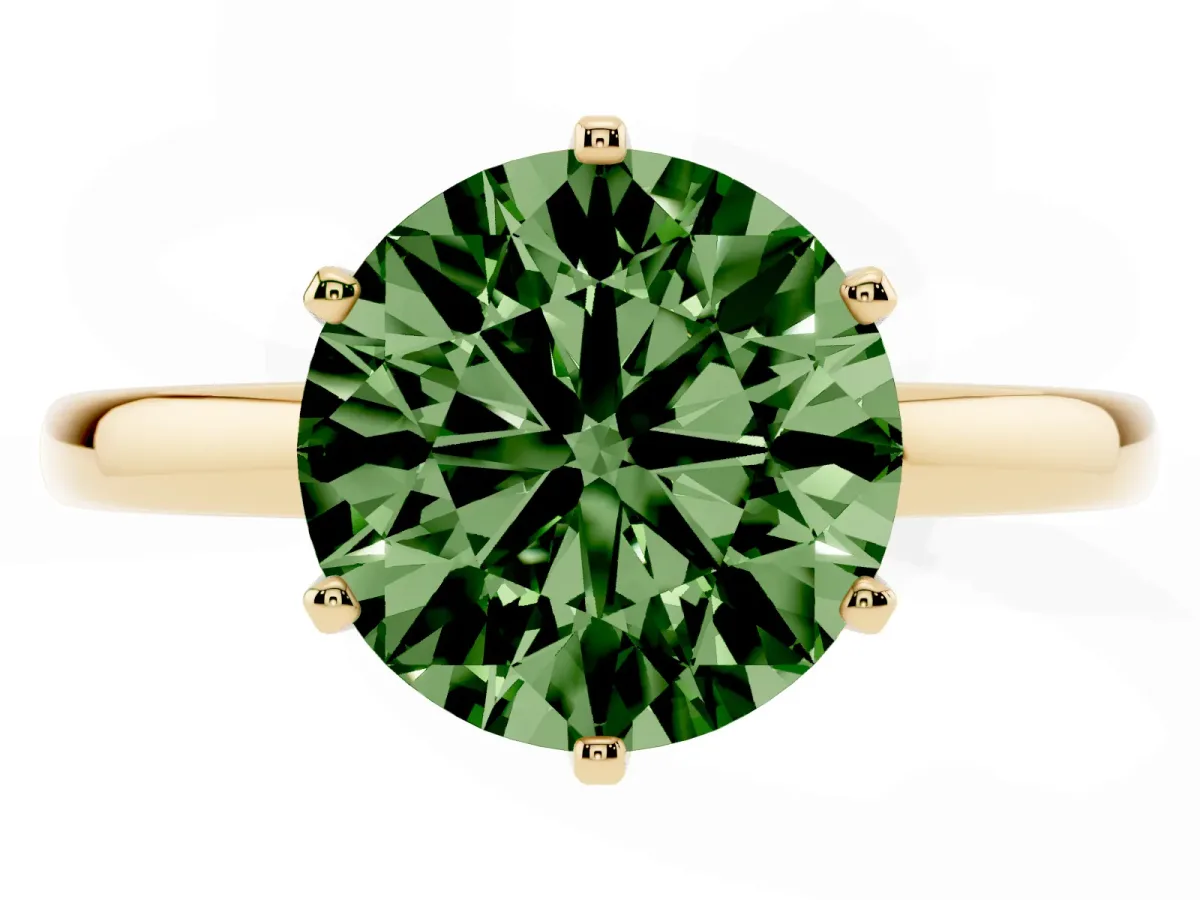 Fancy Green Round Cut Solitaire Diamond Ring with Six-Prong Setting on a Classic Band Yellow gold