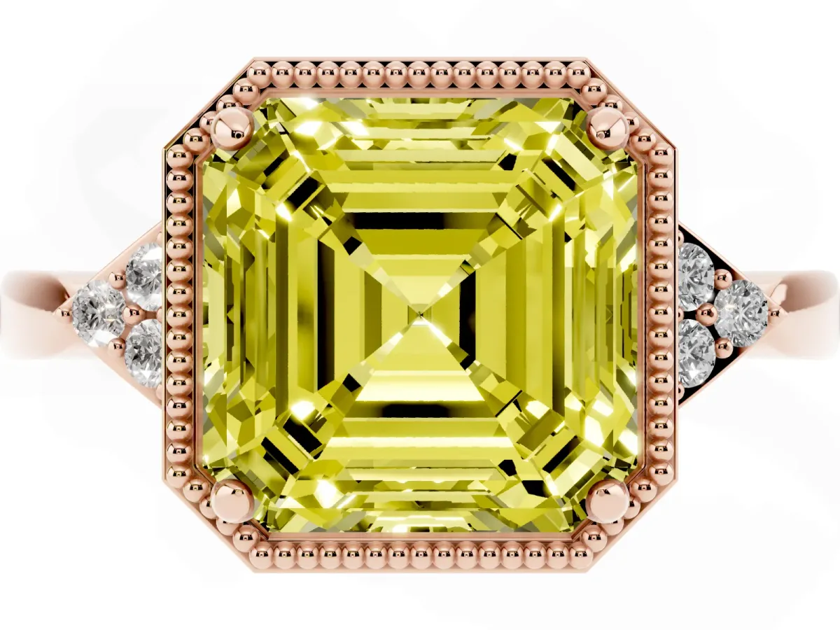Fancy Yellow Asscher Cut Diamond Halo Ring with Tapered Band and Four-Prong Setting Rose gold